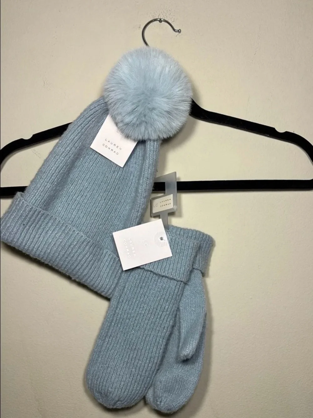 LC Lauren Conrad Light Blue Pom Beanie and Mittens Set